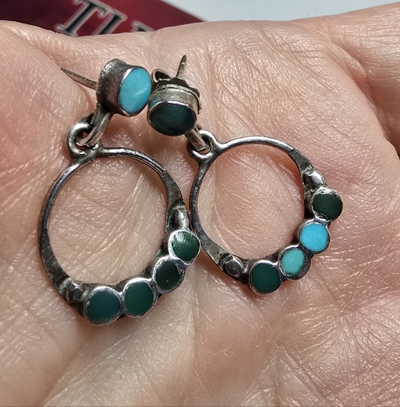 Vintage Zuni Silver and Turquoise Hoop Earrings - Picture 3 of 4
